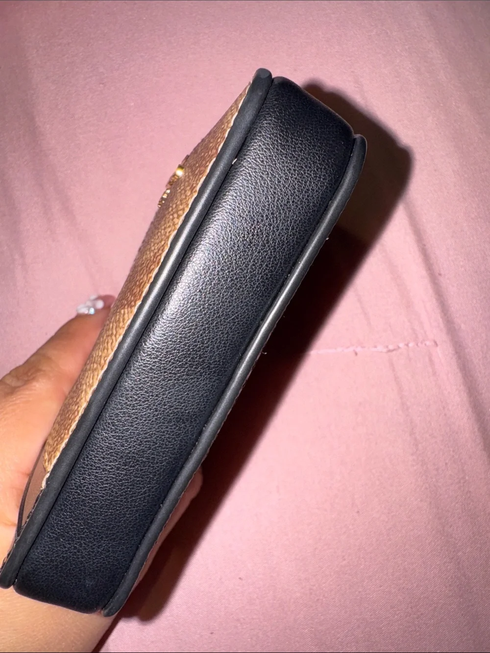Coach Brown Signature Card Holder with Black Trim and Gold Chain